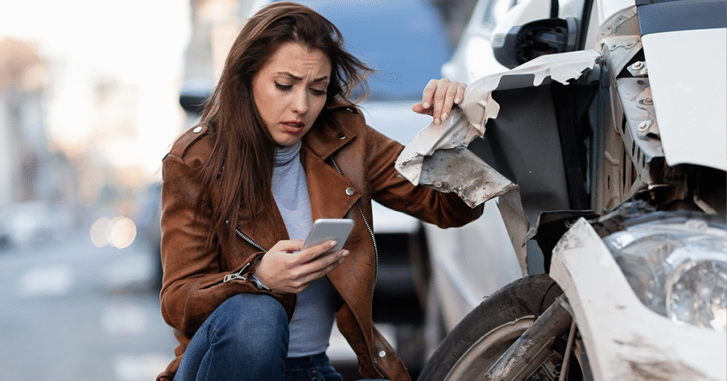 A woman sitting beside a car, focused on her phone, possibly researching car accident compensation in Texas.