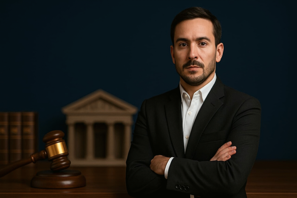 Confident male attorney in a black suit standing with arms crossed in front of a gavel and courthouse model, symbolizing legal authority and professionalism.