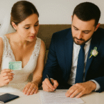 Bride and groom in wedding attire signing documents, with the bride holding a green card, symbolizing marriage-based immigration or legal paperwork.