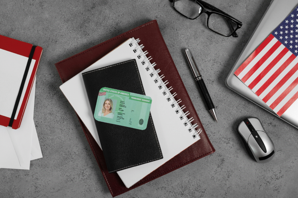 A collection of office supplies with a green card on a gray surface.