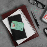 A collection of office supplies with a green card on a gray surface.