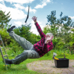 A Man slipping and falling off a ladder in a garden, saw flying through the air.
