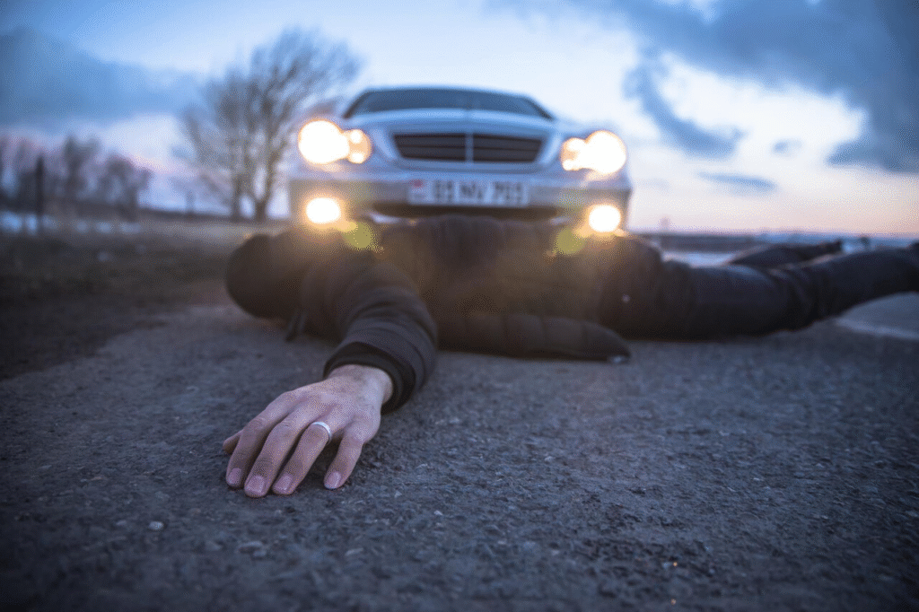 An individual is sprawled on the ground next to a vehicle, suggesting a possible accident.