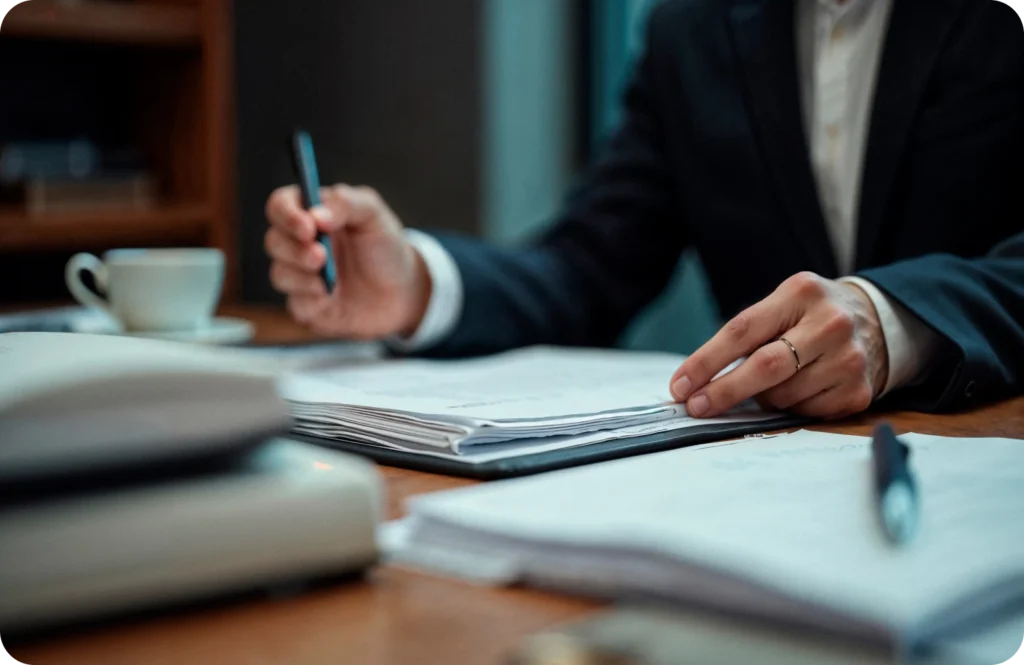A person in a business suit sits at a desk, reviewing and signing documents. Their hands rest on a stack of paperwork, with a pen in one hand and office items such as a coffee cup and folders nearby.