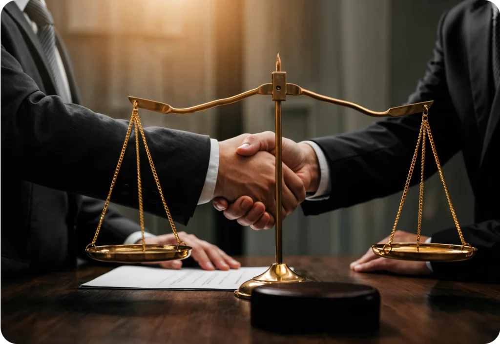 Two Lawyers shaking hands over a desk with a scale of justice.