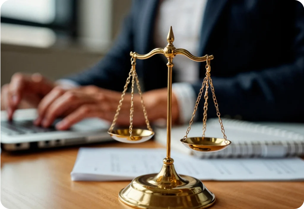 Person working at a desk with a laptop and a scale of justice.