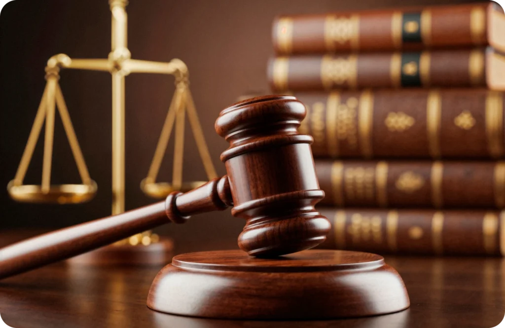 Golden scale of justice, gavel, and stack of books on a wooden surface.