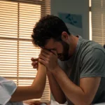 Grieving man holding patient’s hand after wrongful death. Supporting Image:Family mourning at casket during wrongful death funeral.
