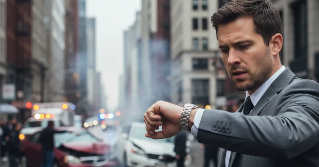 Man checks his watch near a crash scene.
