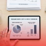 An overhead, clean shot of a hand holding a digital tablet displaying insurance policy comparison charts, surrounded by a calculator, a coffee cup, and a stack of financial documents on a minimalist desk.