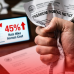 A graphic still shot of a hand crumpling a 'Car Insurance Premium Notice' letter, while a digital screen in the background shows a large, bold number (representing a percentage) increasing rapidly.