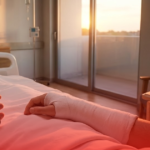 A wide-angle shot looking over a hospital bed toward a clock on the wall and a calender on a bedside table, with a hand visible in a cast holding a smartphone.
