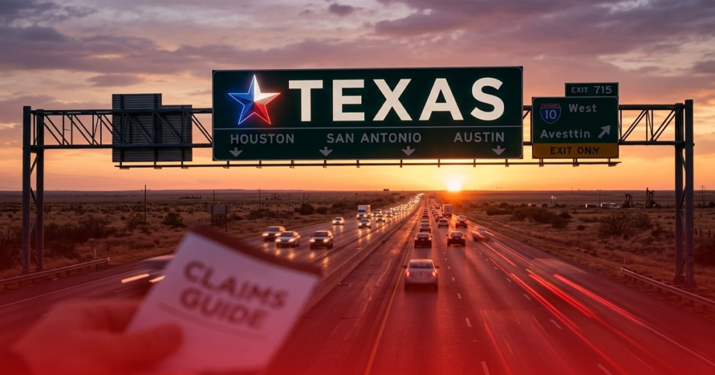 A wide landscape photograph of a Texas highway at dusk, with traffic moving beneath a large overhead sign that clearly displays 'Texas Highway' and a stylized lone star, framed by a lawyer's hand holding a 'Claim Information' pamphlet.