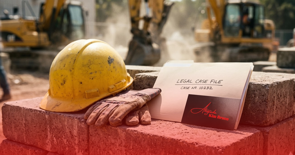 A candid, close-up shot on a construction site of a worker's hard hat, work gloves, and a safety vest resting next to a thick legal folder and a lawyer's business card on a stack of concrete blocks.