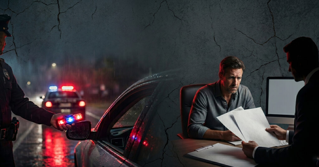 A split-scene of a DUI traffic stop and a man consulting an attorney.