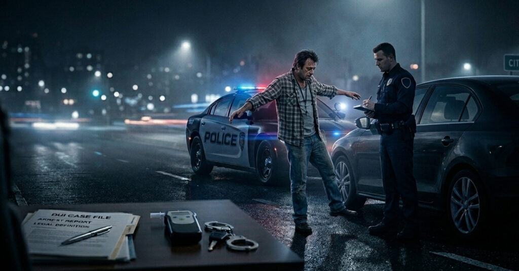 image depicting a police officer conducting a roadside sobriety test on a driver at night, with a law office desk in the blurred foreground.