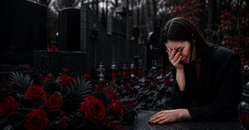 A grieving woman dressed in black mourns beside a grave adorned with deep red roses in a dark, cinematic cemetery setting.