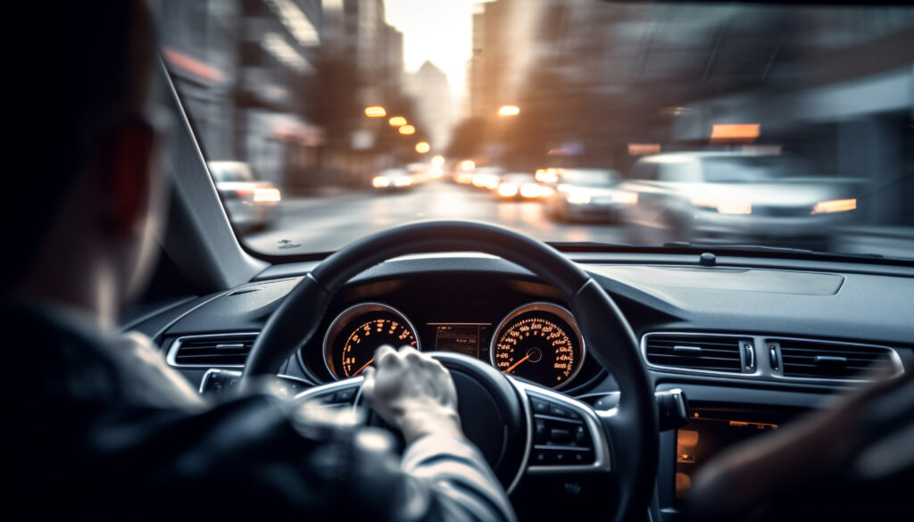 A driver navigates a city street illuminated by intense red dashboard lights and glowing traffic reflections.