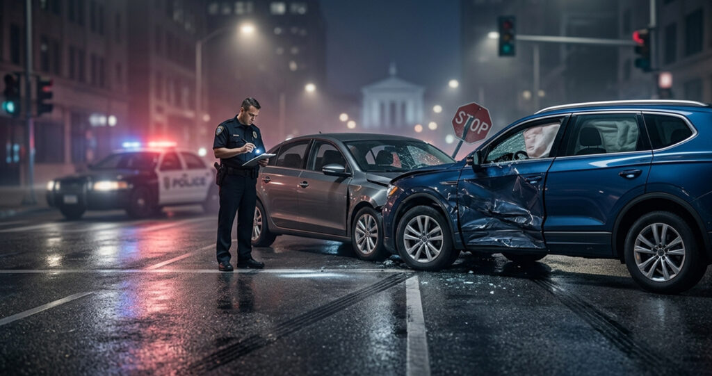 A police officer documents a night-time T-bone collision between a silver sedan and a blue SUV at an intersection.