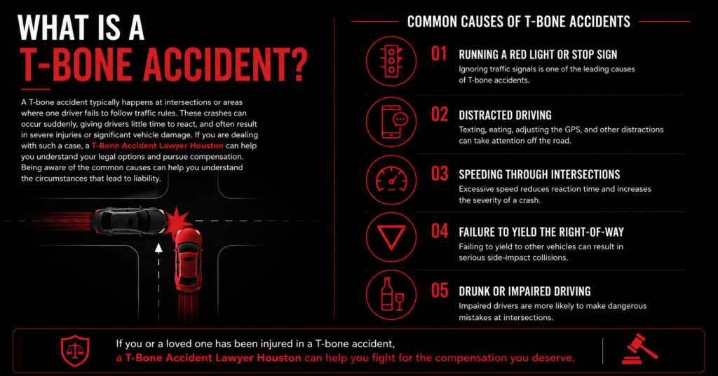 An educational infographic defining T-bone accidents and listing five common causes like distracted driving and speeding.