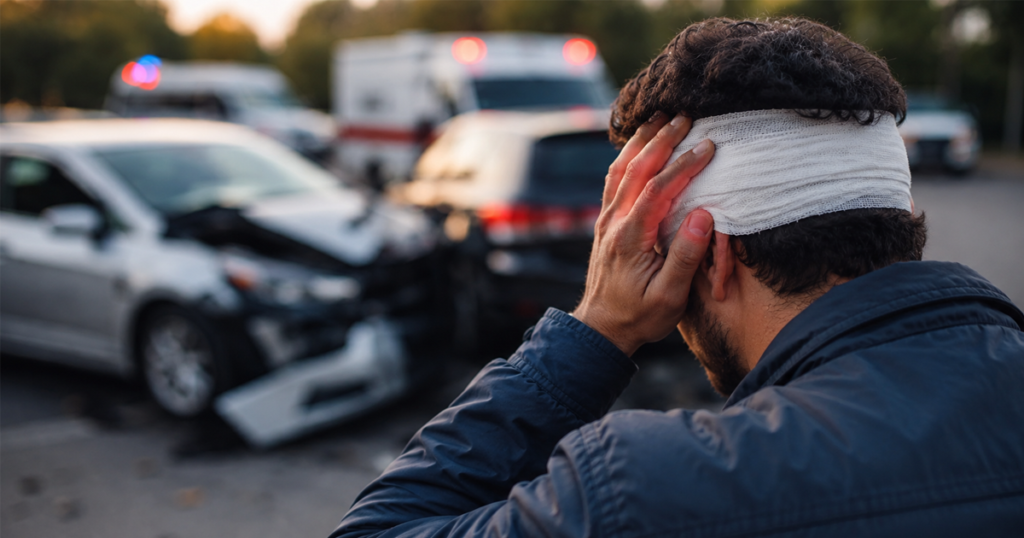 Injured man with a head bandage holds his head while facing a blurred car crash scene with ambulances in the background.