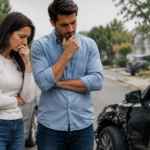 Worried couple standing between two damaged cars after an accident.