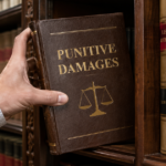 Hand pulling a brown law book titled “Punitive Damages” from a wooden law library shelf.