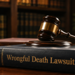 Gavel resting on a law book titled “Wrongful Death Lawsuit” in a legal office setting.
