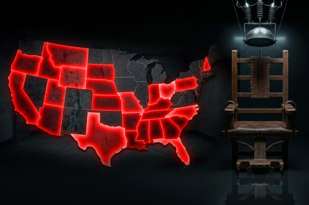 A dark USA map with many states glowing red, positioned next to an electric death penalty chair png in a dimly lit room.