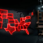 A dark USA map with many states glowing red, positioned next to an electric death penalty chair png in a dimly lit room.