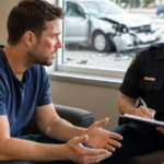 Injured man speaking with a police officer indoors after a car accident.