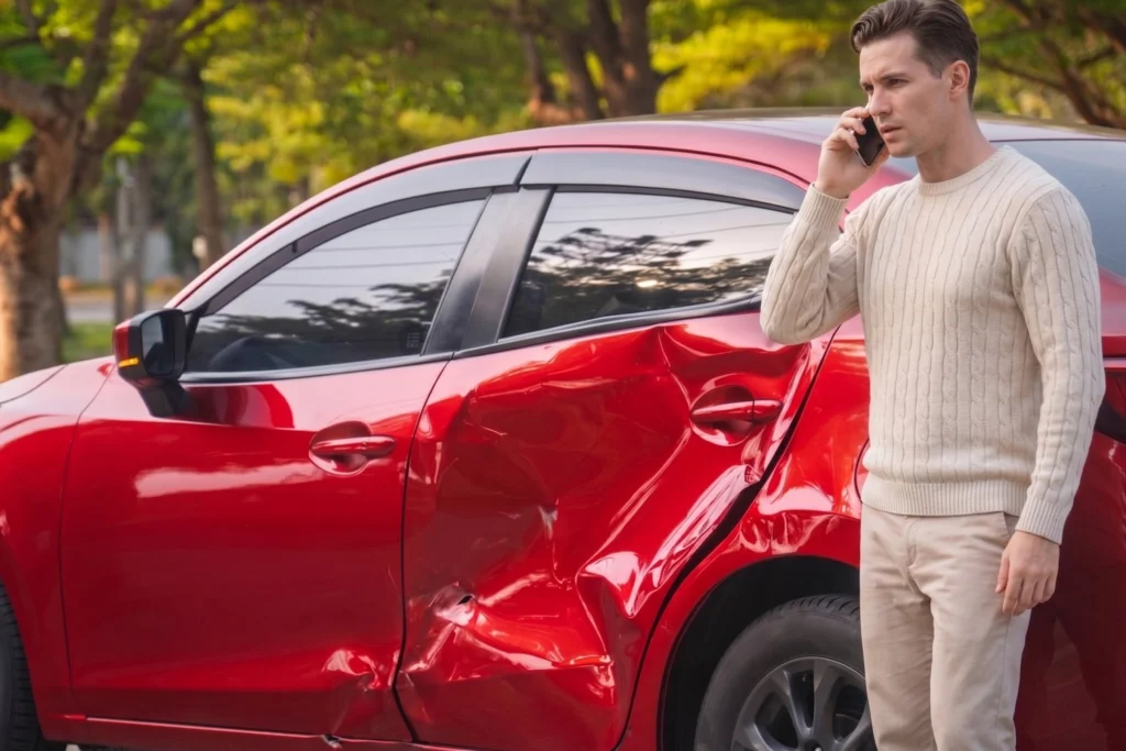 A worried man stands beside a red car with damaged side doors, talking on a phone after a vehicle accident.