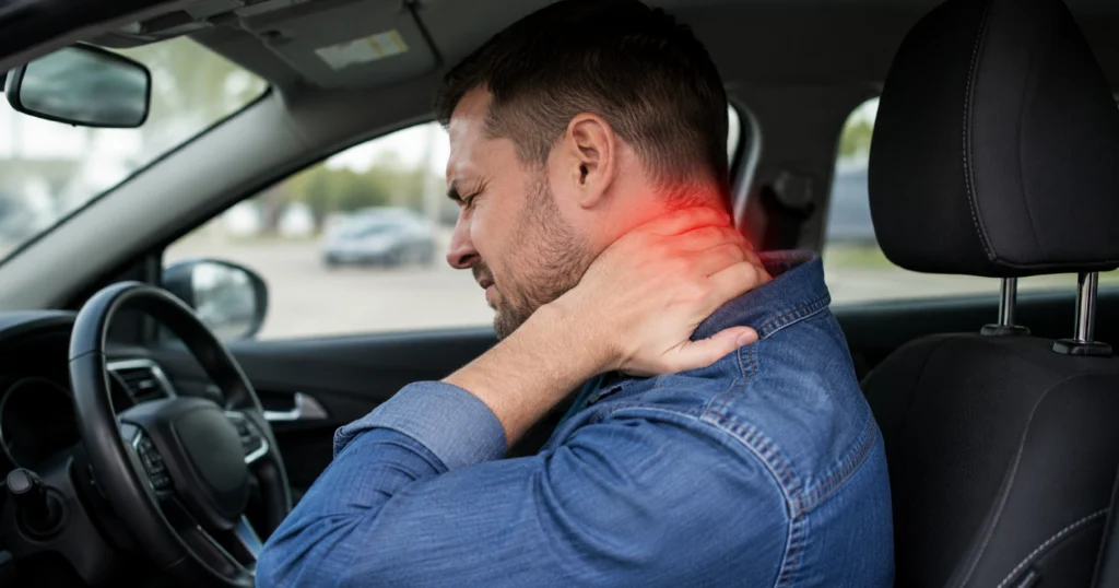 Man sitting in a car grips the back of his neck in pain, with a red highlight showing a whiplash injury.
