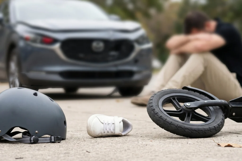 A child's helmet, white shoe, and scooter wheel lie on the ground, with a blurred car and a distressed man in the background.