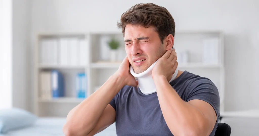 Man wearing a neck brace, holding his neck in pain in a bright clinic setting.