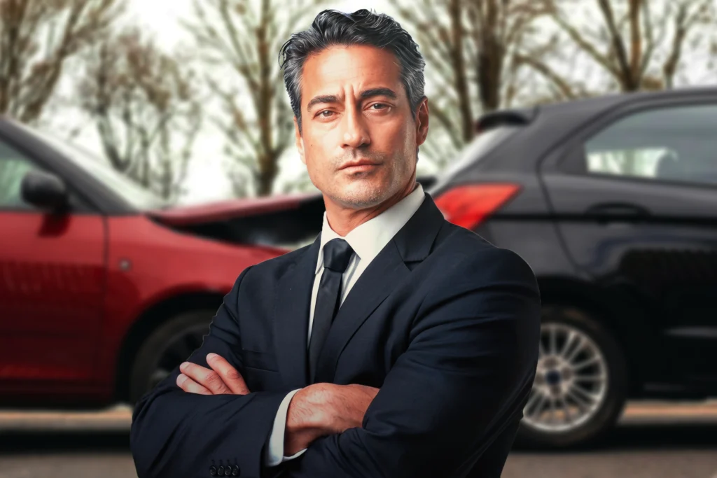 A Lawyer standing with his arms crossed in front of two damaged cars.