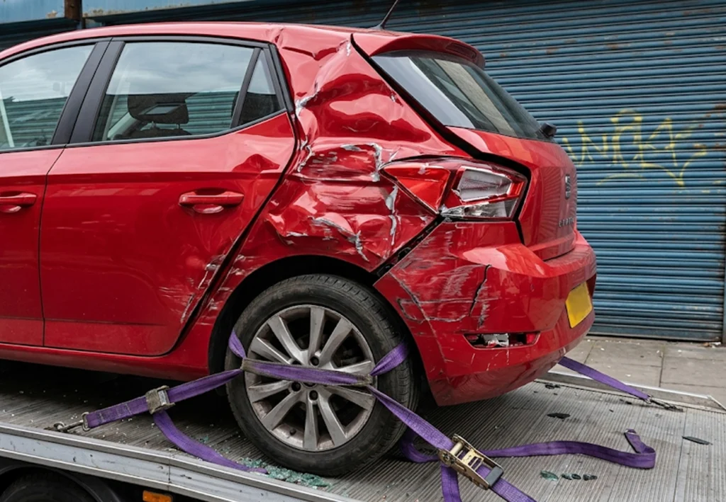 A damaged red car secured with purple straps on a flatbed tow truck.