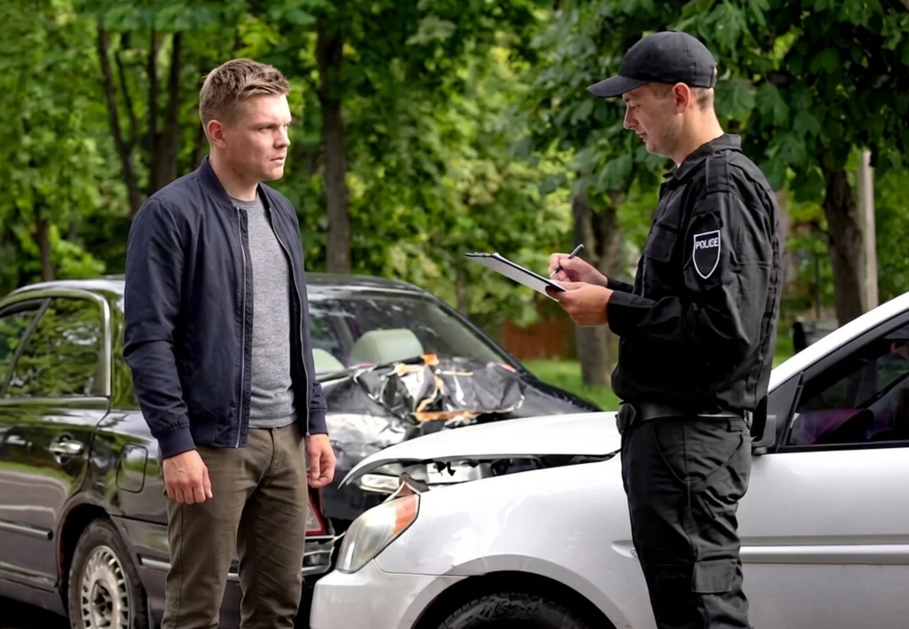 A police officer writing on a clipboard while speaking to a man near two damaged cars.