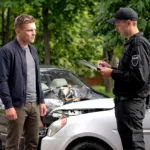 A police officer writing on a clipboard while speaking to a man near two damaged cars.