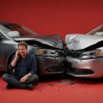 A man sits on the ground in front of two cars that have been in a collision, speaking on a mobile phone.