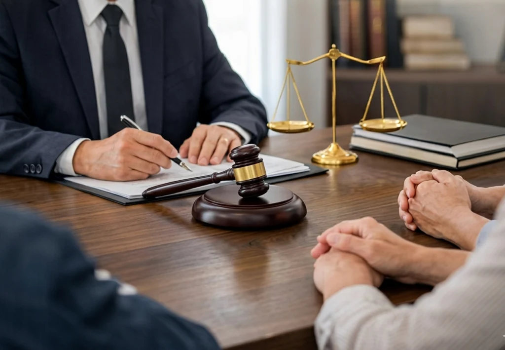 A lawyer in a suit sits at a desk with a gavel and scales of justice, meeting with clients.
