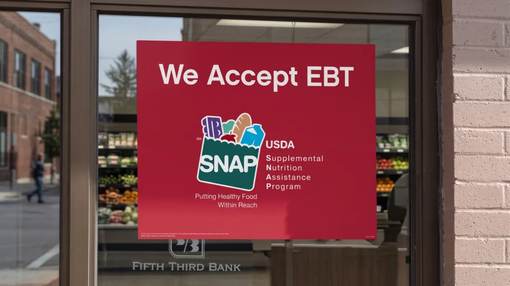 Storefront window displaying a red sign indicating acceptance of EBT and USDA SNAP benefits.