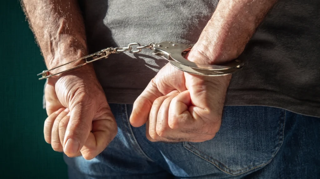 Close-up of a person's hands handcuffed behind their back.