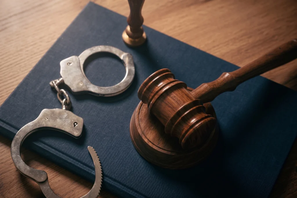 Judge's wooden gavel and metal handcuffs placed on a blue book on a wooden table, representing criminal justice and law.