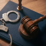 Judge's wooden gavel and metal handcuffs placed on a blue book on a wooden table, representing criminal justice and law.