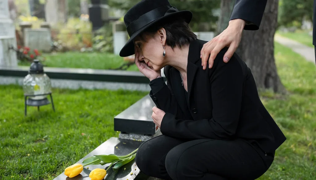 Mourning woman kneeling by gravestone comforted by supportive hand.