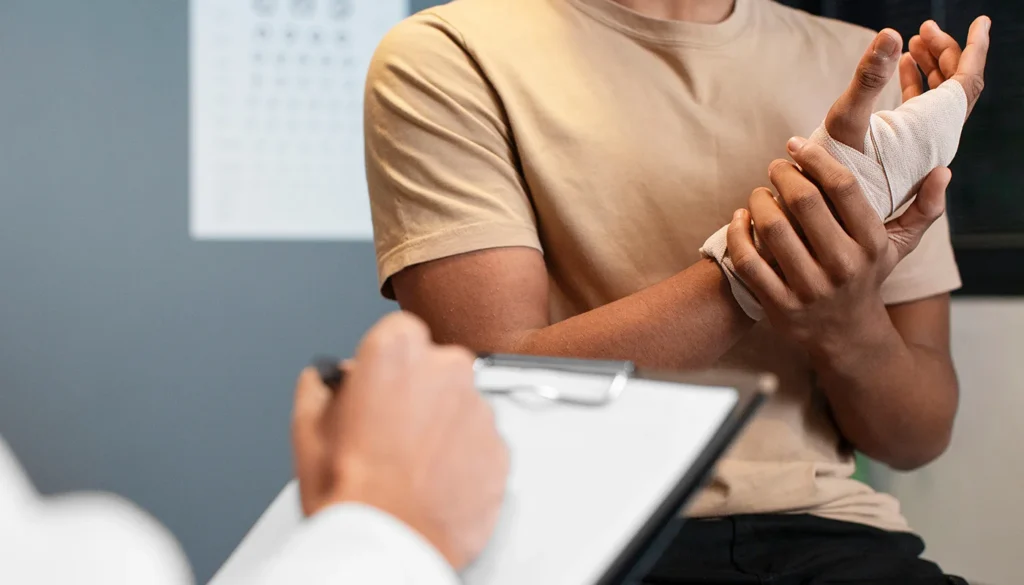 Doctor filling clipboard while patient holding injured bandage wrapped wrist