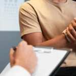 Doctor filling clipboard while patient holding injured bandage wrapped wrist