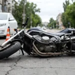 A black motorcycle lying on its side on a city street after an accident, surrounded by traffic cones and police tape