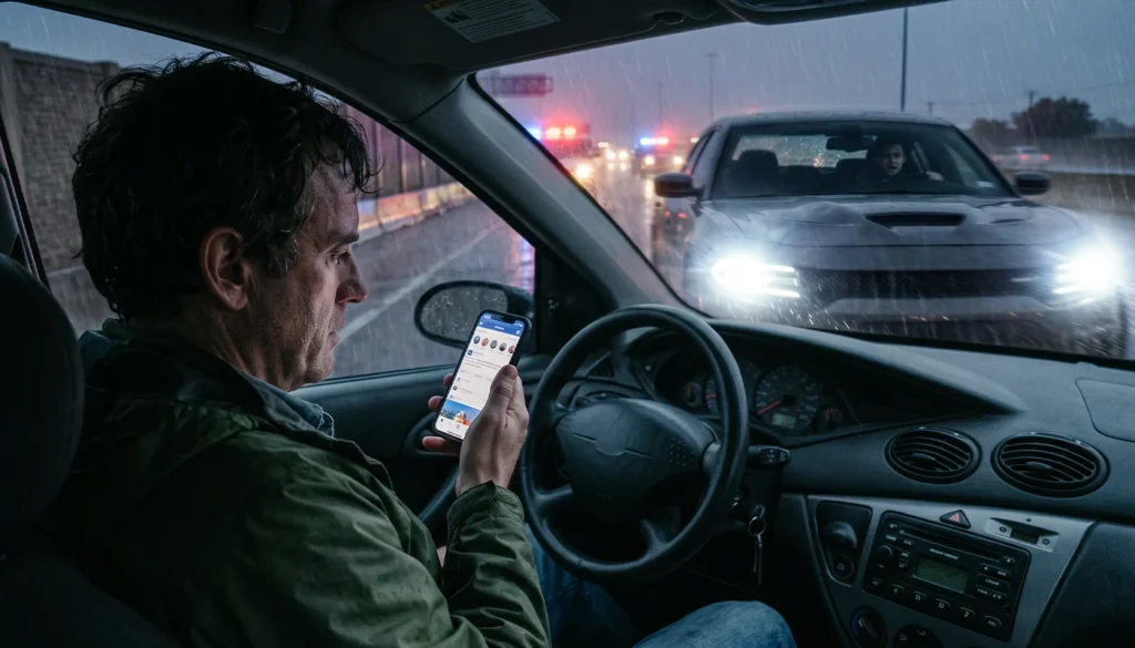 Distracted driver looking at phone while approaching oncoming vehicle highway